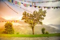 Buddhist tibetan prayer flags against cloudy sky Royalty Free Stock Photo