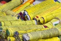 Buddhist Tibetan prayer flags rolled into a roll, Kathmandu, Nep Royalty Free Stock Photo