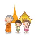 Buddhist walking with lighted candle in hand around temple novice boy girl white