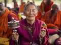 Buddhist Woman Praying at Mahabodhi Temple in Bodhgaya, India