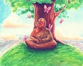 Buddhist in yellow clothing sits in meditation and bodhi tree by watercolor painting art, hand drawn Buddha in concentration art