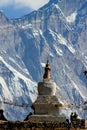 A buddhistic temple in the Himalayan Mountains with Prayer Flags