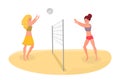 Buddies playing beach volleyball vector illustration. Spending free time on vacation actively, healthy life isolated Royalty Free Stock Photo