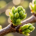 A budding branch with tiny green leaves or flower buds covered in Royalty Free Stock Photo