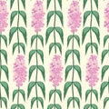 Buddleia seamless vector pattern background. Known as butterfly bush. Hand drawn clusters of pink purple petals on tall Royalty Free Stock Photo