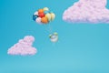 a buddler flying among the clouds on multi-colored balloons on a blue background. 3D render Royalty Free Stock Photo