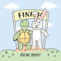 Buddy Racing. Turtle and Rabbit in finish line. Illustration Royalty Free Stock Photo