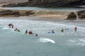 BUDE, CORNWALL/UK - AUGUST 15 : People learning to surf at Bude