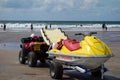 BUDE, CORNWALL, UK - AUGUST 12 : RNLI Lifeguards on duty at Bude in Cornwall on August 12, 2013. Unidentified people.