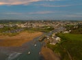 Bude North Cornwall England uk with colourful pastel beach huts on a beautiful day