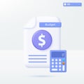 Budged Document and calculator icon symbols. financial report, digital accounting, budget forecast, accounting report concept. 3D Royalty Free Stock Photo