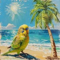 Budgerigar parrot sitting on the beach under a palm tree. Royalty Free Stock Photo