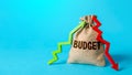 Budget bag and up down arrows. Debits credits. Income and expenses, profit and loss. Budget implementation and financial plans.