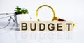 BUDGET concep on the wooden cubes and flower ,glasses ,coins and magnifier on white background Royalty Free Stock Photo