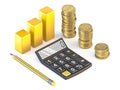 Budget concept finance graph, calculator, golden coins and pencil 3D Royalty Free Stock Photo