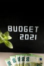 2021 Budget concept for new fiscal year with letters on black background and blurred euro currency