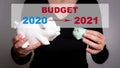 2021 Budget concept. Two piggy banks in a woman`s hands