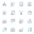 Budget control linear icons set. Frugality, Efficiency, Planning, Savings, Restriction, Economizing, Management line