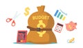 Budget Deficit Concept. Money Sack Tight with Belt, Calculator, Piggy Bank, Charts, Dollar. Economy Crisis Situation Royalty Free Stock Photo