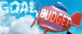 Budget helps achieve a goal - pictured as word Budget in clouds, to symbolize that Budget can help achieving goal in life and