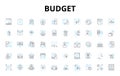 Budget linear icons set. Thrifty, Economy, Frugal, Affordable, Savings, Cost-effective, Cutbacks vector symbols and line