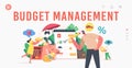 Budget Management Landing Page Template. Family People Earn and Save Money, Tiny Characters Collect Coins in Piggy Bank