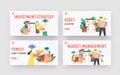 Budget Management Landing Page Template Set. Family People Earn and Save Money, Tiny Characters Collect Coins