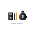 Budget money count, financial calculator, pencil and ruler, fund use Royalty Free Stock Photo