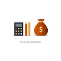 Budget money count, financial calculator, pencil and ruler, fund use Royalty Free Stock Photo