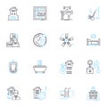 Budget motels linear icons set. Affordable, Economy, Basic, Simple, Cheap, Convenient, Modest line vector and concept