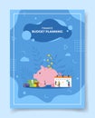 budget planing people front calendar piggy bank money wallet credit card target for template of banners, flyer, books cover,