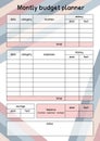 Budget planner monthly template page. Financial plan of incomes, expenses and savings in month. Money accounting for family or