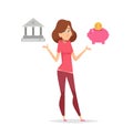 Budget planning. Money saving problem. Woman thinking how save finance and choose between bank and piggy bank vector