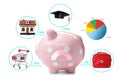 Budget planning. Piggy bank with chart and expenses Royalty Free Stock Photo