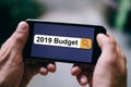 2019 budget on search bar on smartphone or mobile phone screen, success in business concept Royalty Free Stock Photo