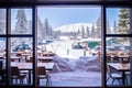 budget snow resort cafeteria through a window