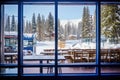 budget snow resort cafeteria through a window
