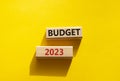 Budget 2023 symbol. Wooden blocks with words Budget 2023. Beautiful yellow background. Business and Budget 2023 concept. Copy