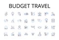 Budget travel line icons collection. Eco-tourism, Boutique hotel, Road trip, Beach vacation, Luxury retreat, Family