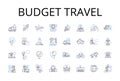 Budget travel line icons collection. Eco-tourism, Boutique hotel, Road trip, Beach vacation, Luxury retreat, Family