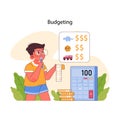 Budgeting concept. Boy calculates and assesses toy costs against savings