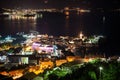 The Budva city - the modern part is among the mountain ranges. Panorama of the Budva Riviera at night. Montenegro, Europe Royalty Free Stock Photo