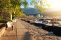 Budva marina seafront with fisher boats and motorboats at sunny summer morning Royalty Free Stock Photo