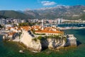 Budva. Montenegro. Sunset over Budva. Old town, sea and beach. View from above Royalty Free Stock Photo