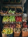 Budva, Montenegro - 13 august 2023: Boxes and wicker baskets with fresh vegetables stand on store shelves