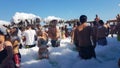 Budva, Montenegro - August 23, 2019: girl dancing in the foam in the pool, bar at a party in the afternoon