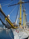 Budva / Montenegro - August 05, 2019: Sailing yacht stands at the pier. Beautiful ship, mast, nets. Man on board Royalty Free Stock Photo