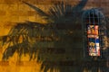 Budva, Montenegro - June 26, 2017:Shadow from palm branches on the wall of a house at night