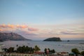 Budva, Montenegro - September 9, 2021: St. Nicholas island at sunrise ligths in Budva, Montenegro