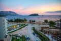 Budva, Montenegro - September 9, 2021: St. Nicholas island at sunrise ligths in Budva, Montenegro